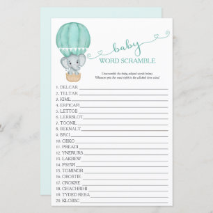 Green Elephant Baby Shower Word Scramble Game