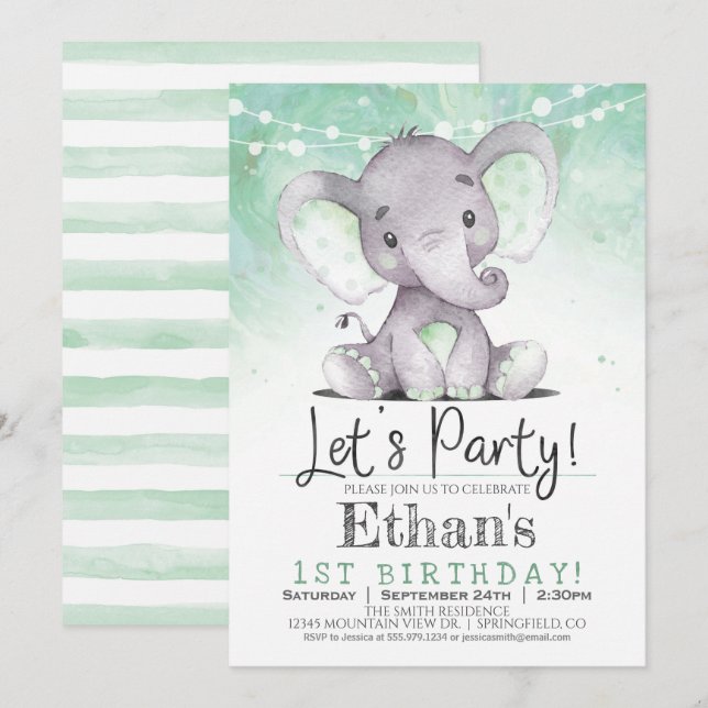 Green Elephant Birthday Party Invitation (Front/Back)