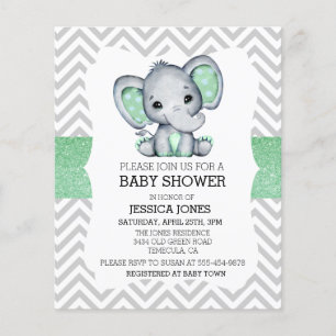 Green Elephant Chevron Glitter Baby Shower Invitat