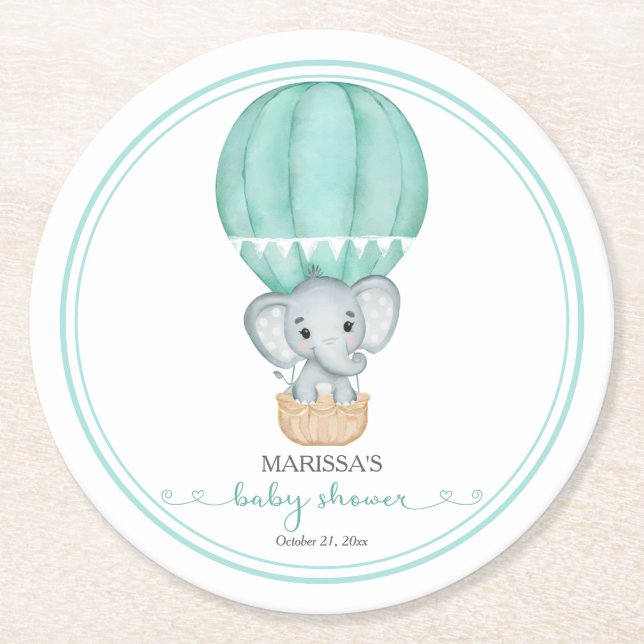 Green Elephant Gender Neutral Baby Shower Round Paper Coaster (Front)