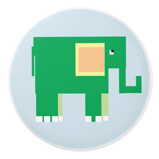 Green elephant on light blue backing ceramic knob (Front)