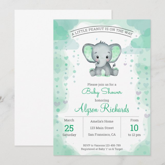 Green Elephant Watercolor Baby Shower Invitation (Front/Back)