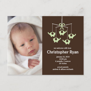 Green Elephants Baby Boy Birth Annoucement Invitation