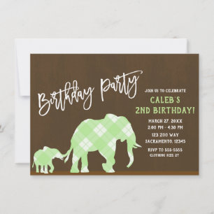 Green Elephants Brown Modern Birthday Party Invitation