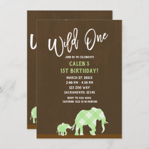Green Elephants Brown Modern WILD ONE 1ST Birthday Invitation