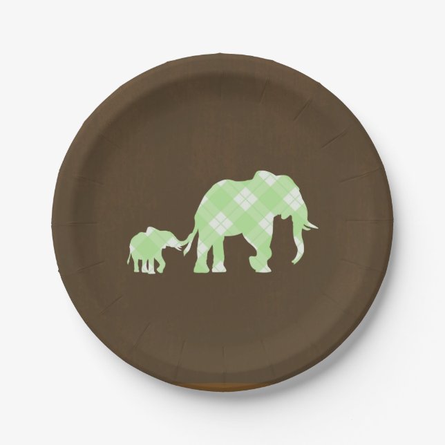 Green Elephants Brown Trendy Modern Baby Shower Paper Plate (Front)