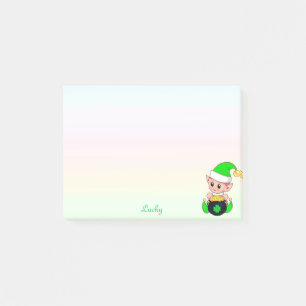 Green elf & gold coins on pastel colours post-it notes