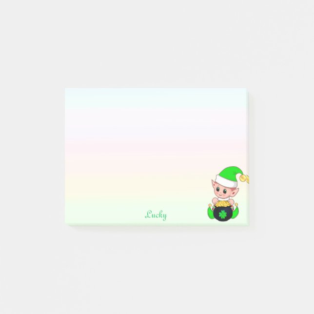 Green elf & gold coins on pastel colours post-it notes (Front)
