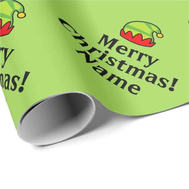Green elf hat personalised Merry Christmas Wrapping Paper (Roll Corner)