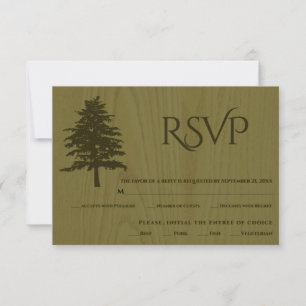 Green embossed trees sepia wood wedding RSVP card