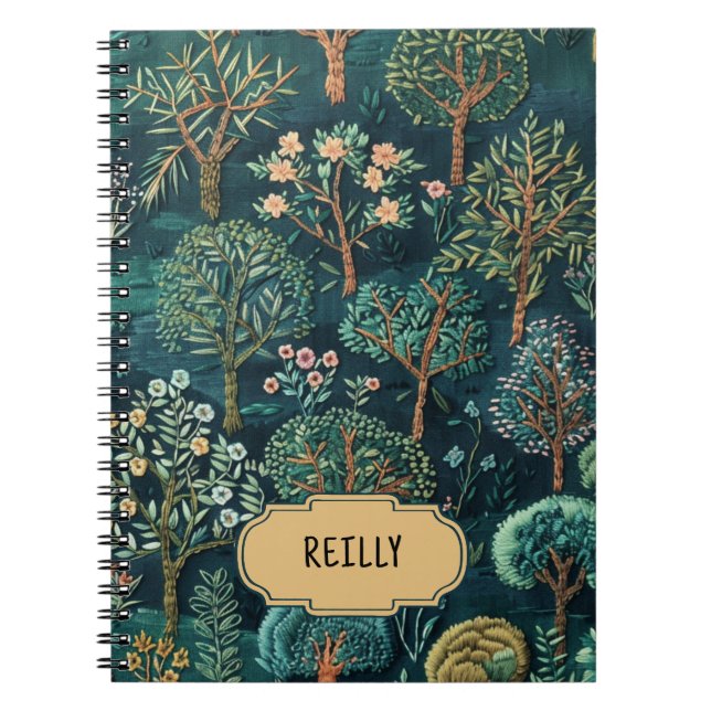 Green Embroidered Nature Flowering Trees Floral  Notebook (Front)