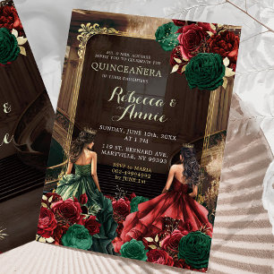 Green Emerald and Burgundy Red Floral Quinceañera Invitation