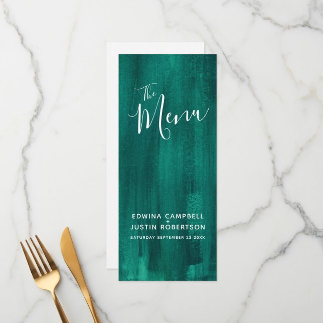 Green emerald modern abstract art wedding menu (Front/Back In Situ)