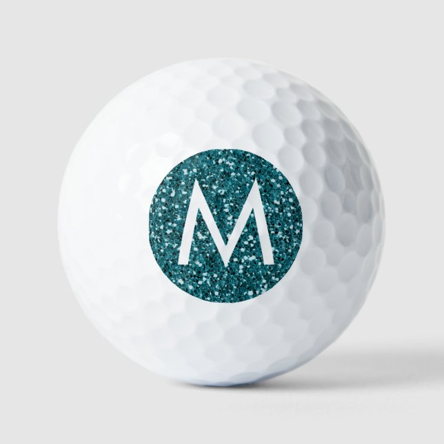 Green Emerald Teal Glitter Modern Initial Monogram Golf Balls (Front)