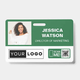 Green Employee Name Badge with Logo and QR Code ID Badge