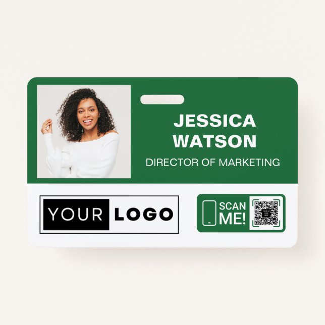 Green Employee Name Badge with Logo and QR Code ID Badge (Front)