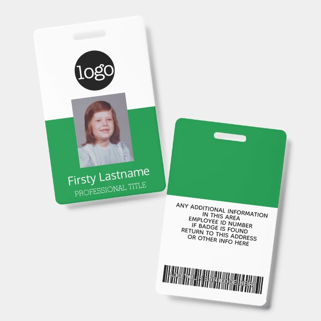 Green Employee - Photo, Bar Code, Logo, Name ID Badge (Front & Back)