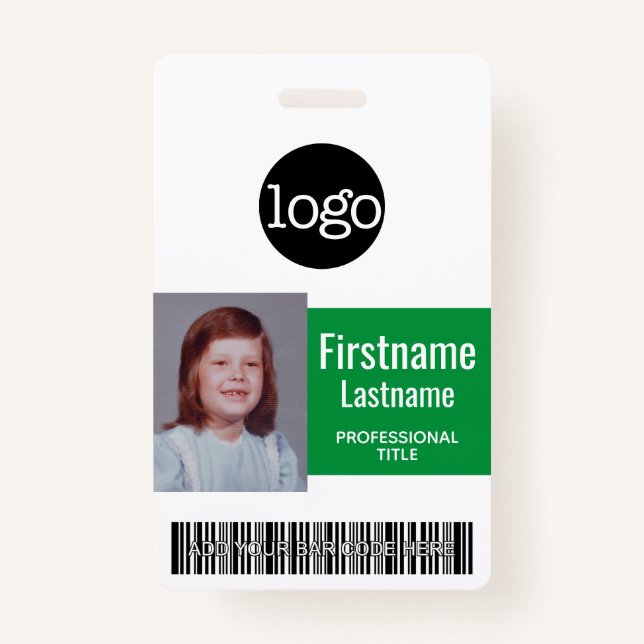 Green Employee - Photo, Bar Code, Logo, Name ID ID Badge (Front)