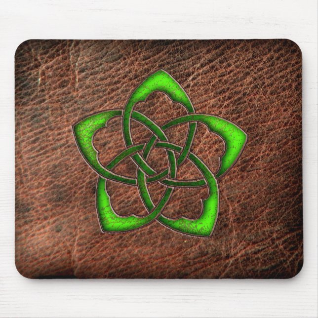 Green enameled celtic flower on leather mouse mat (Front)