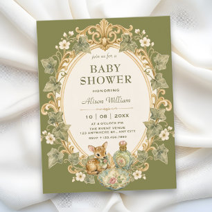 Green enchanted floral vintage baby shower invitation