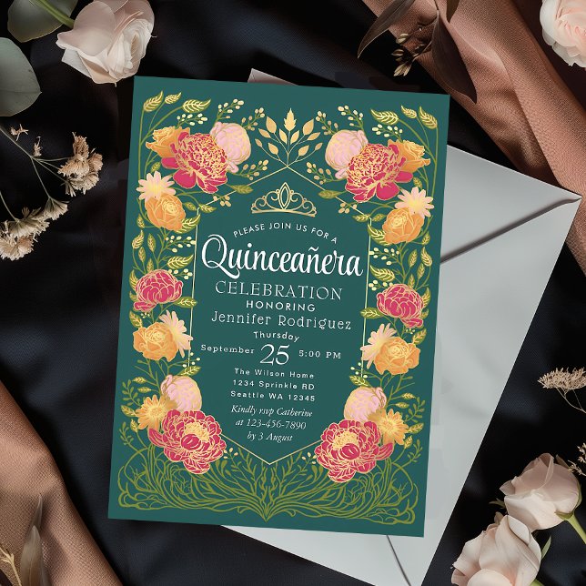 Green Enchanted Garden Floral Quinceanera  Invitation (Creator Uploaded)