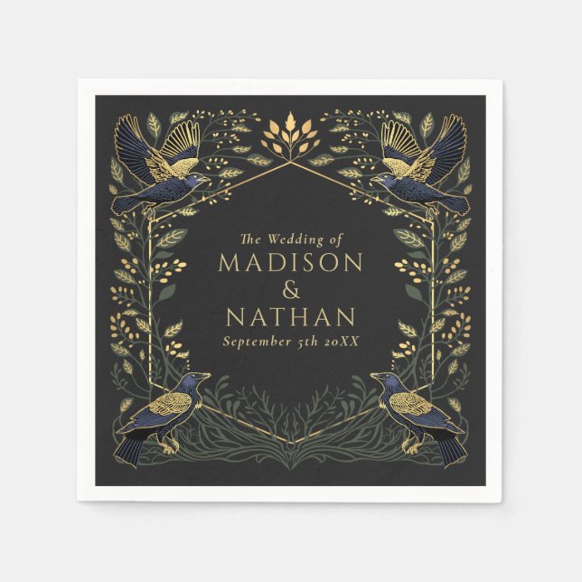 Green Enchanted Gothic Raven Floral Wedding  Napkin (Front)