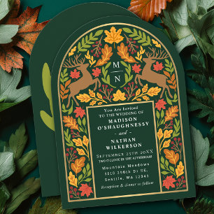 Green Enchanted Woodland Deer Arch Wedding Invitation