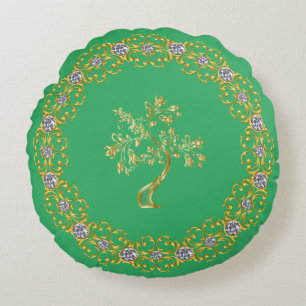 Green enchantment on Golden Tree Pattern  Round Cushion