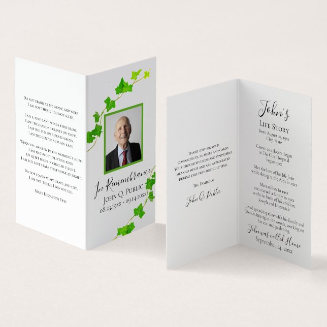 Green English Ivy Vine Funeral Memorial Prayer Business Card (Inside and Outside)