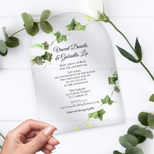 Green English Ivy Vine Watercolor Wedding Acrylic Invitations