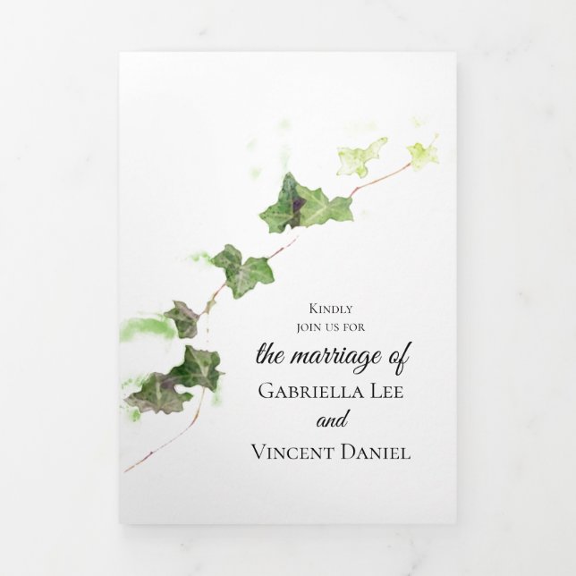 Green English Ivy Vine Watercolor Wedding Tri-Fold (Cover)