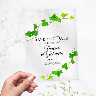 Green English Ivy Vine Wedding Save the Date Acrylic Invitations