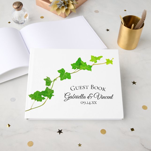 Green English Ivy Vines Foliage Wedding Guest Book (Front Open)