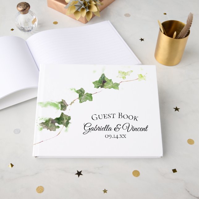 Green English Ivy Vines Watercolor Wedding Guest Book (Front Open)