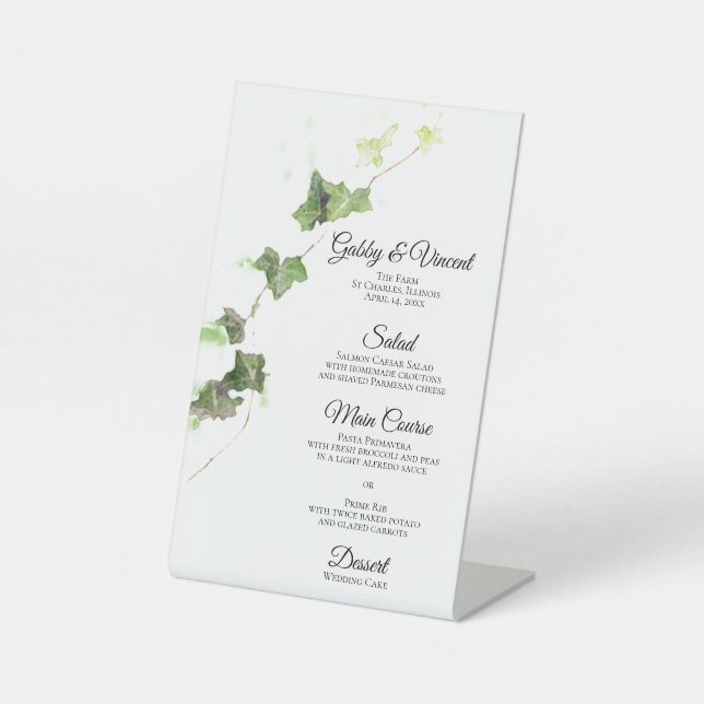 Green English Ivy Watercolor Wedding Menu Pedestal Sign (Front)