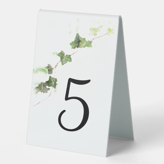 Green English Ivy Watercolor Wedding Table Number (Front)