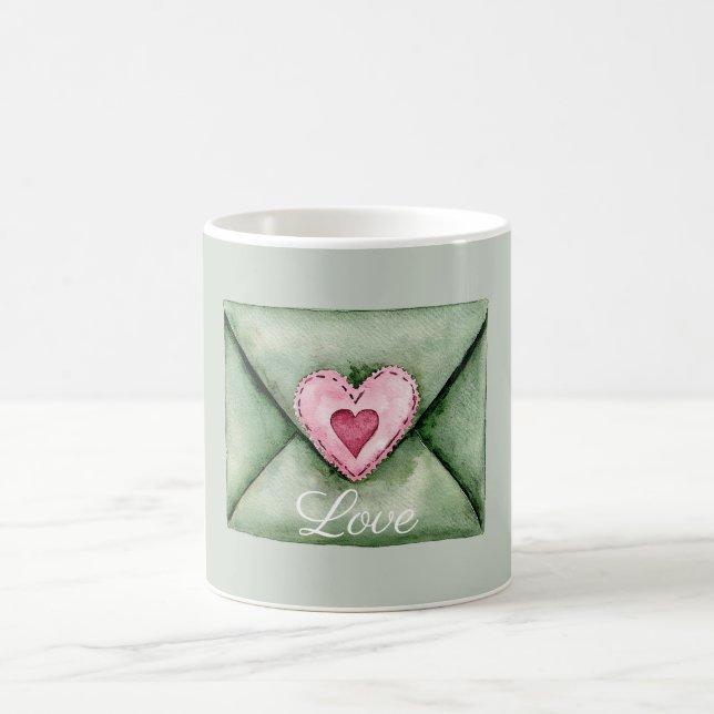 Green Envelope Pink Love Heart Coffee Mug (Center)