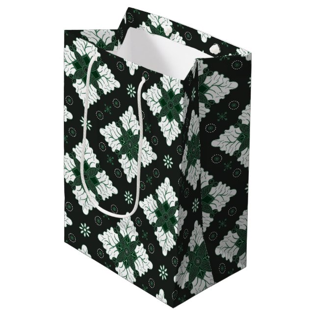 Green ethnic damask batik seamless pattern medium gift bag (Front Angled)