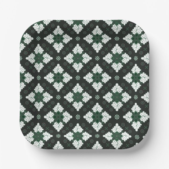 Green ethnic damask batik seamless pattern paper plate (Front)