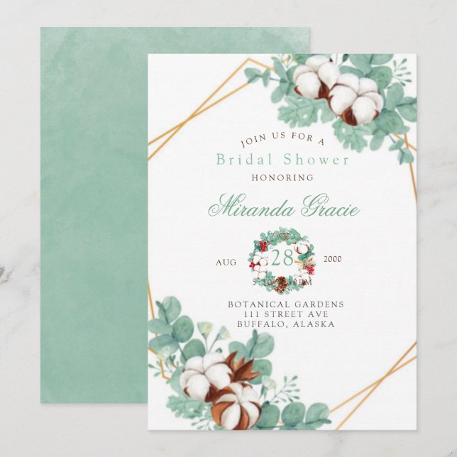 Green Eucalyptus and Cotton BrIdal Shower Invitation (Front/Back)