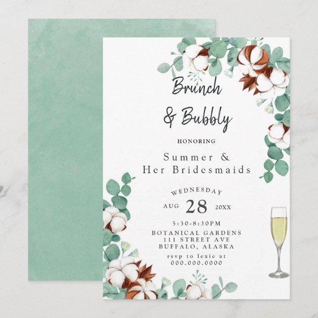 Green Eucalyptus and Cotton Bridesmaids Luncheon I Invitation (Front/Back)