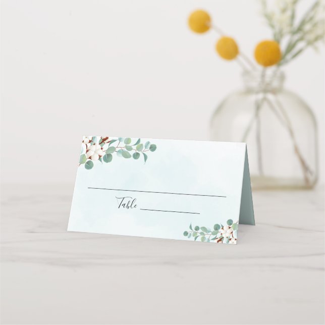 Green Eucalyptus and Cotton Flowers Wedding Place Card (Front)
