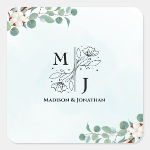Green Eucalyptus and Cotton Flowers Wedding Square Sticker