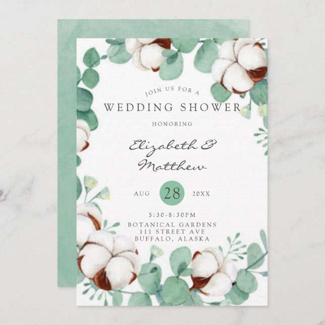 Green Eucalyptus and Cotton Wedding Shower Invitat Invitation (Front/Back)