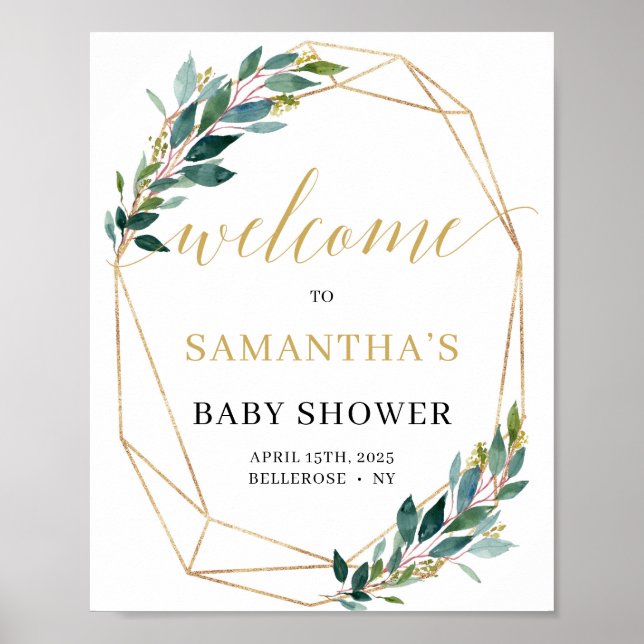 Green eucalyptus boho baby shower welcome sign (Front)