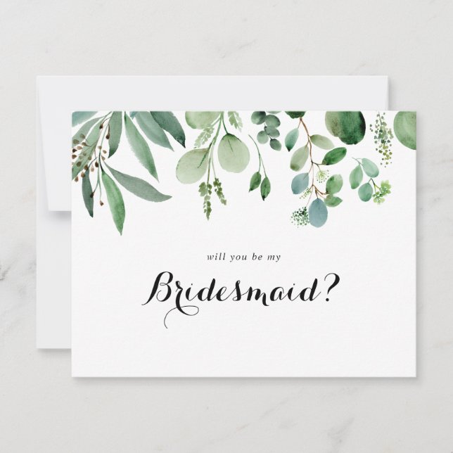 Green Eucalyptus Calligraphy Bridesmaid Proposal Card (Front)