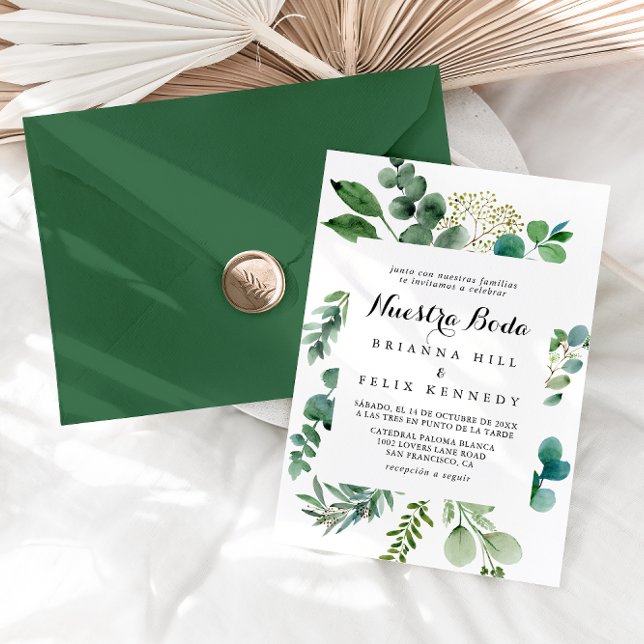 Green Eucalyptus Calligraphy Nuestra Boda Wedding Invitation (Creator Uploaded)