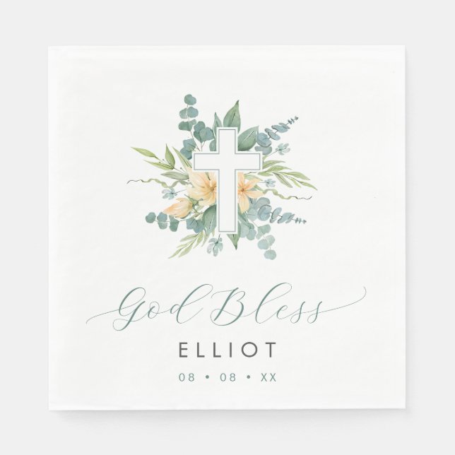 Green Eucalyptus Cross God Bless Baptism Napkin (Front)