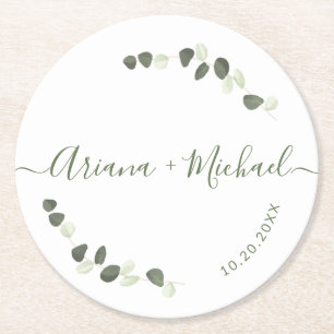Green Eucalyptus Elegant Script names wedding  Round Paper Coaster