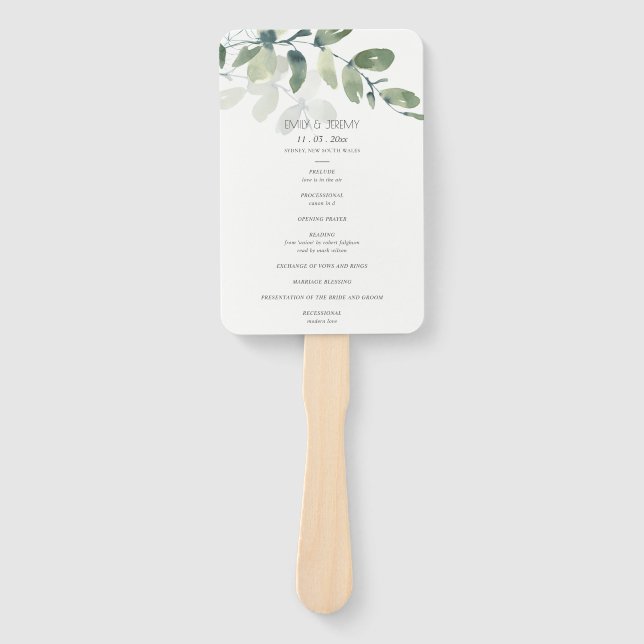 GREEN EUCALYPTUS FAUNA WATERCOLOR WEDDING PROGRAM HAND FAN (Front)